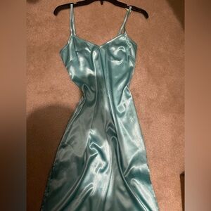 VINTAGE BEBE Teal Full Length Slip On Dress XXS 100% SILK Coquette cami dressY2K